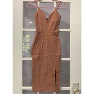 Nude pink deep v midi leg slit evening dress